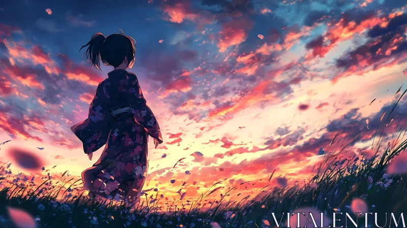 Sunset Kimono in Anime Field AI Image