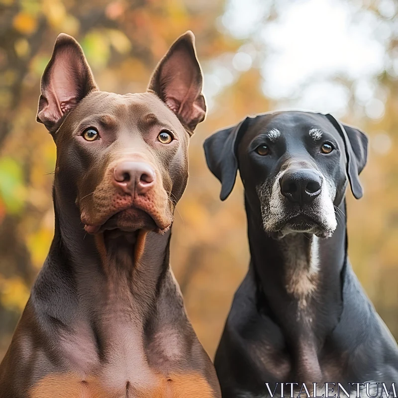 Dogs' Companionship Amidst Fall Foliage AI Image