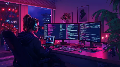 Coder at Neon Lit Desk