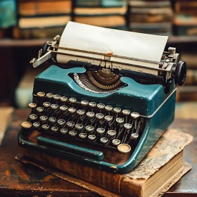 Teal Typewriter on Aged Book Stack