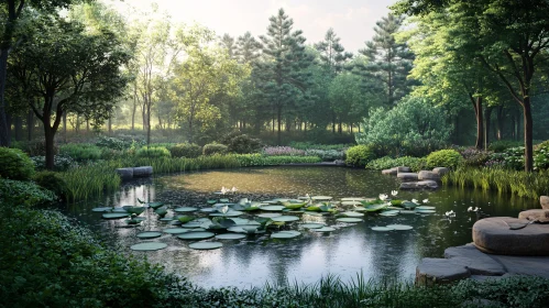 Peaceful Forest Pond with Lily Pads