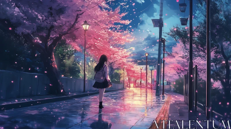 Anime Artwork with Cherry Blossoms and Evening Glow AI Image