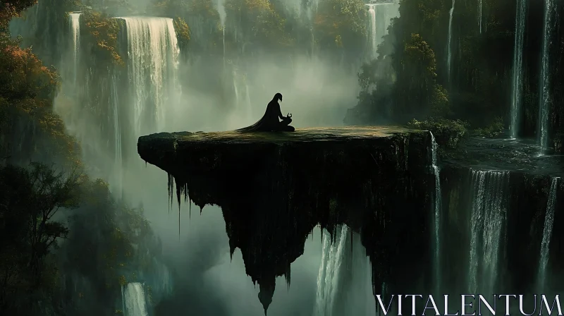 AI ART Zen Meditation on Cliff Edge, Waterfall Scenery