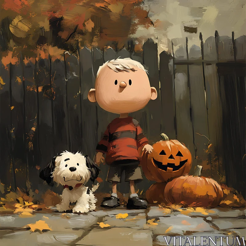 Animated Scene of Boy, Dog, and Jack-o'-Lanterns AI Image