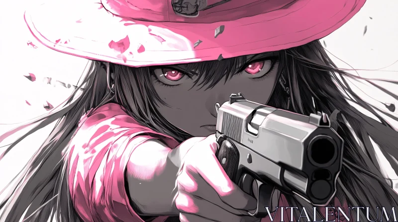 AI ART Anime Girl Pointing Gun with Intense Pink Eyes