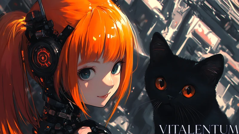 Orange-Haired Cyborg Anime Girl with Cat AI Image