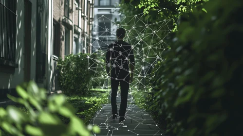 Man Walking Through Digital Network