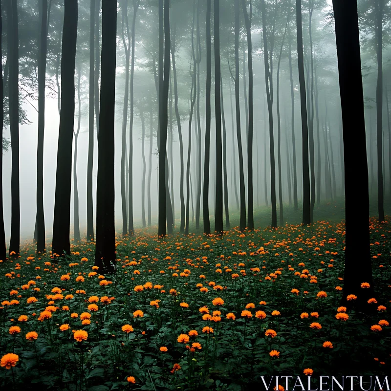 AI ART Enigmatic Woodlands Blanketed in Orange Flowers