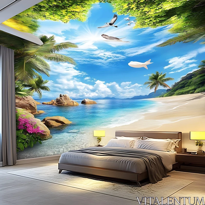 AI ART Tranquil Beach Scene in Bedroom Decor