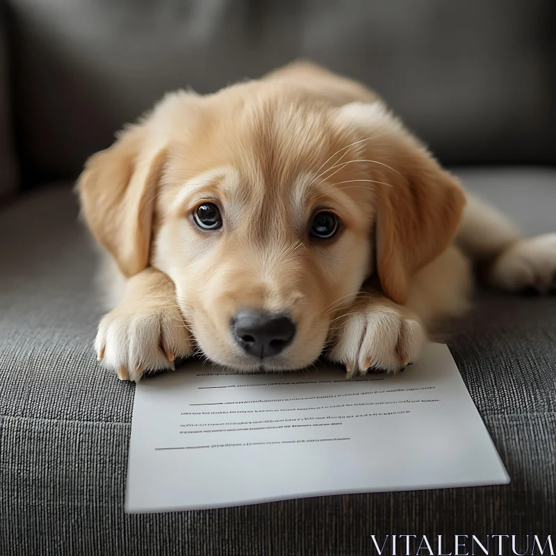 Cute Golden Puppy with Document on Sofa AI Image