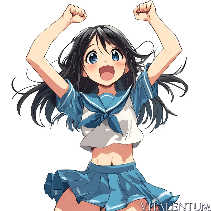 Blue-Eyed Anime Girl in Enthusiastic Pose AI Image