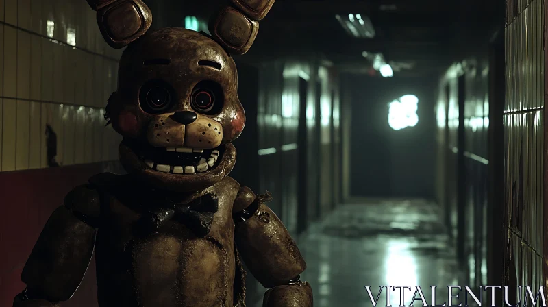 AI ART Menacing Rabbit Animatronic in Dimly Lit Hallway