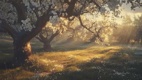 Sunlit Blossoming Trees in a Serene Meadow