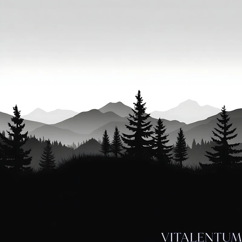 AI ART Monochrome Mountain and Forest Silhouette