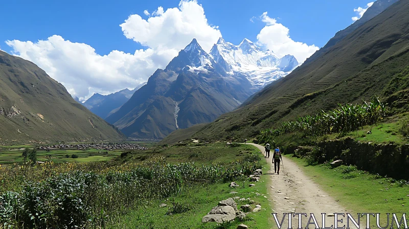 Hikers in Mountain Valley Landscape AI Image