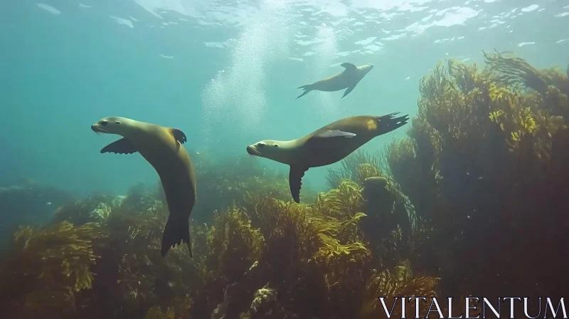 Underwater Sea Lions Swimming AI Image