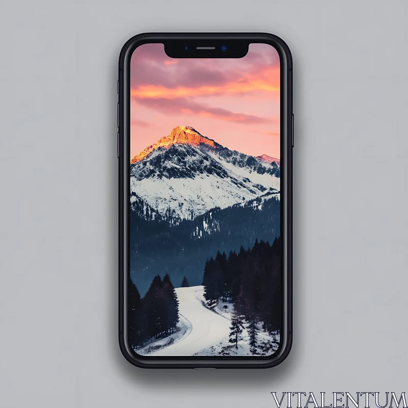 Snowy Mountain Sunset on Mobile AI Image