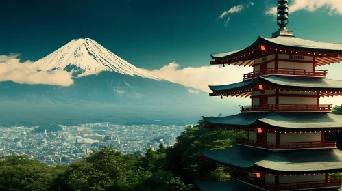 Japanese Pagoda with Mountain View