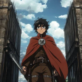 Anime Protagonist with Sword and Red Cape