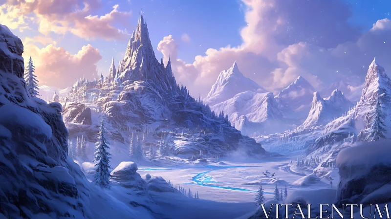 Frozen Peaks and Distant Village AI Image