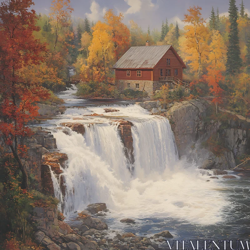Cabin and Waterfall in Autumn AI Image