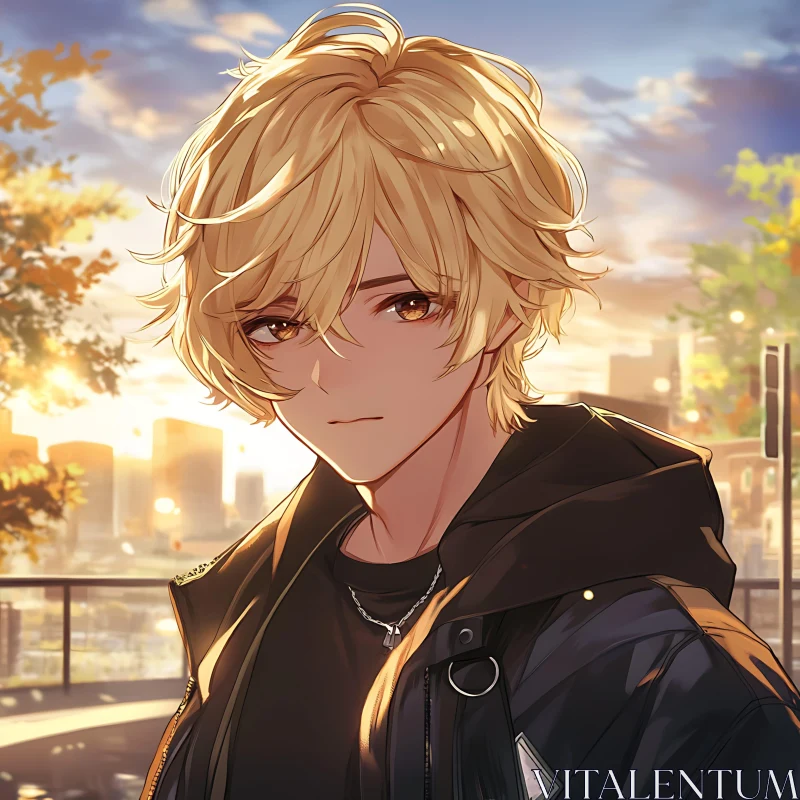 Blonde Anime Character against a Golden Cityscape AI Image