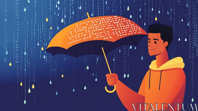 Man with Umbrella in Gentle Rain AI Image