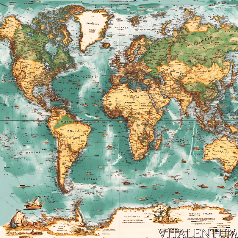 Detailed Vintage World Map Illustration AI Image