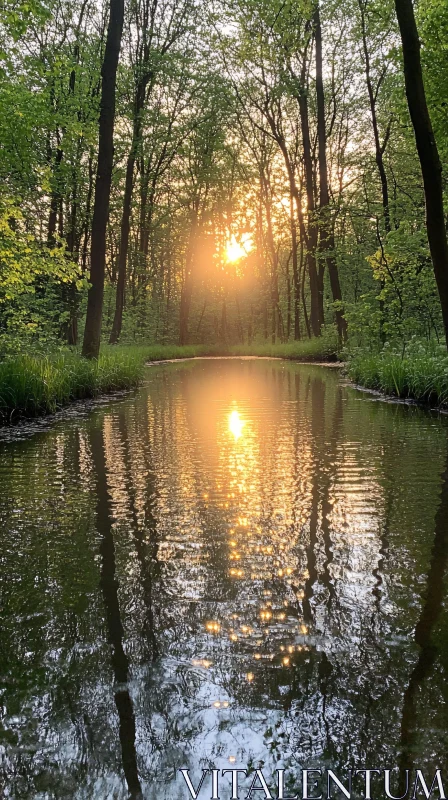 Tranquil Sunlight in Forest Reflected in Stream AI Image