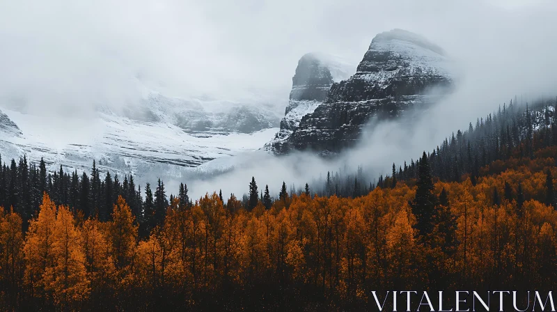 Snowy Peaks and Autumnal Forest View AI Image