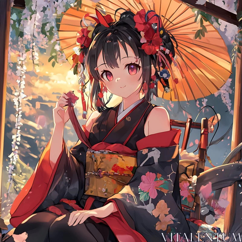 Japanese Anime Girl in Floral Kimono AI Image