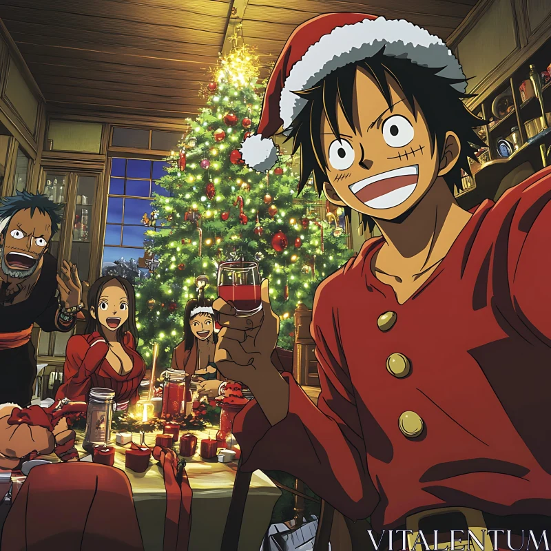 Merry Anime Christmas with Santa Hat and Tree AI Image