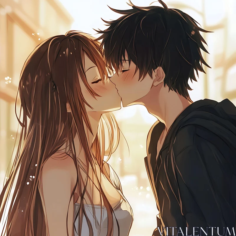 Anime Romance: Intimate Kiss in Sunlit Street AI Image