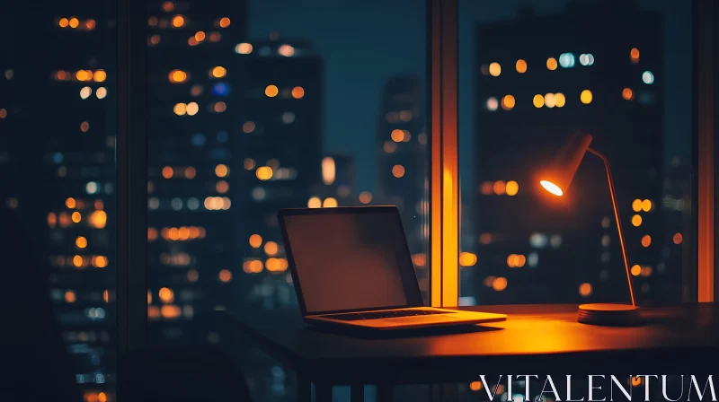 City Lights Laptop Workspace Night AI Image