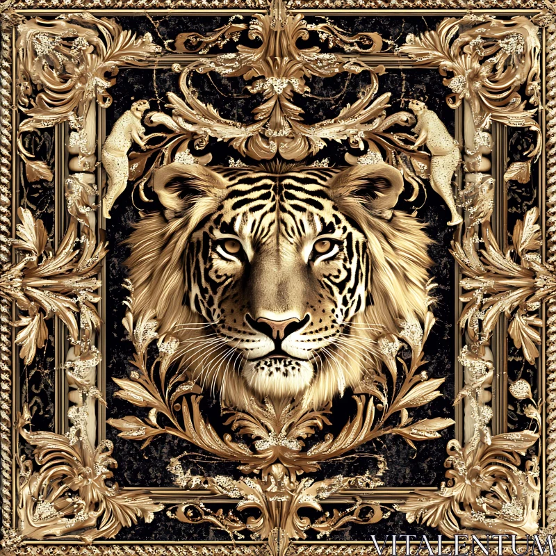 Ornate Tiger Portrait with Gold Details AI Image