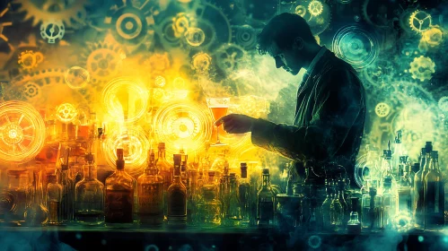 Man with Cocktail in Steampunk Setting