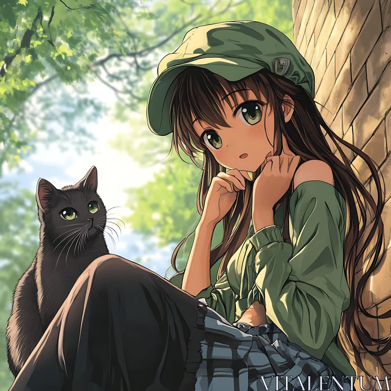 Charming Anime Scene with Girl and Cat Outdoors AI Image