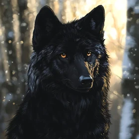 Mystic Black Wolf in Woodland Scene