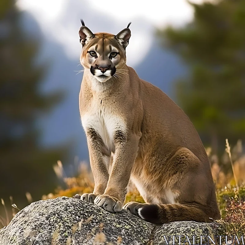 Cougar on Rock: A Wildlife Portrait AI Image