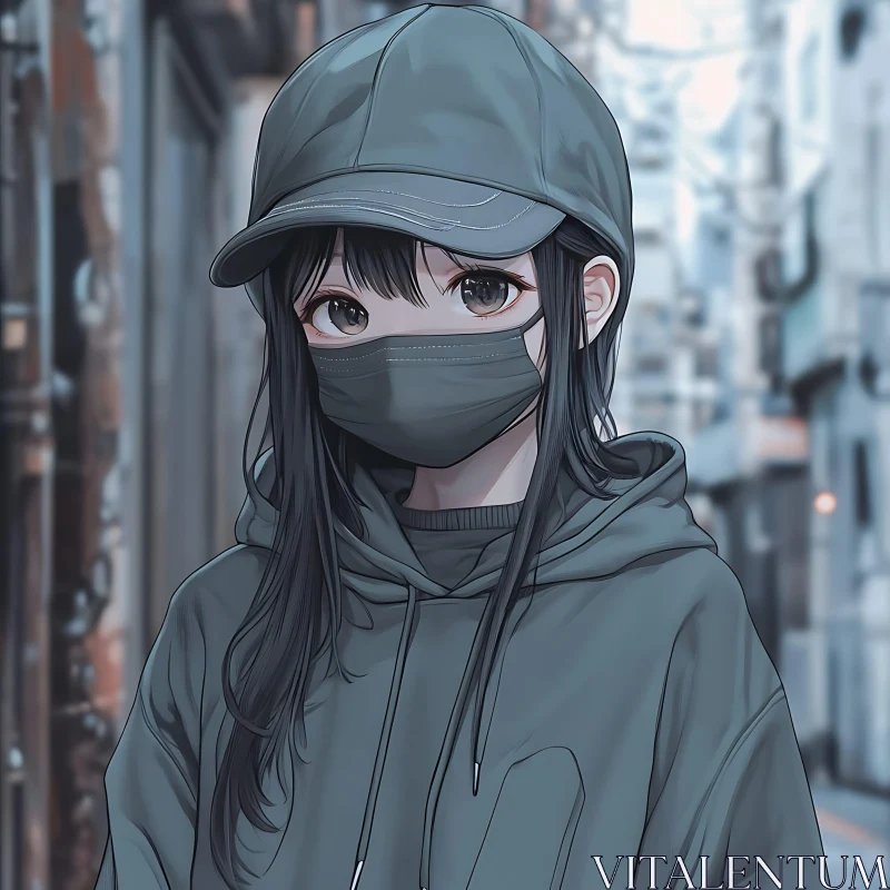 Urban Anime Girl with Grey Hoodie and Cap AI Image