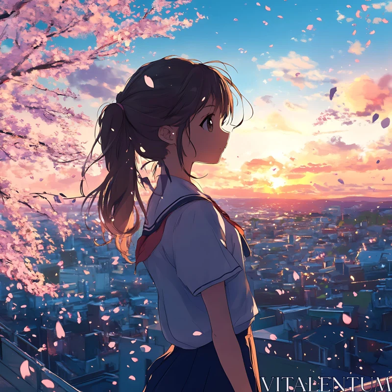 Serene Anime Sunset with Girl and Cherry Blossoms AI Image