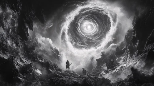 Lone Figure Under a Cloudy Vortex