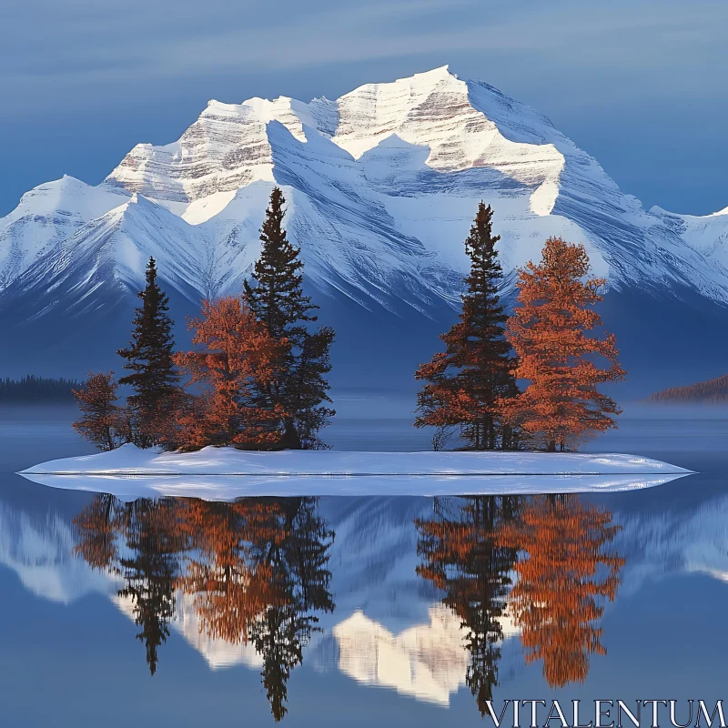 Still Mountain Lake with Island and Trees AI Image