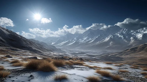 Sunlit Snow-Capped Mountains and Valley