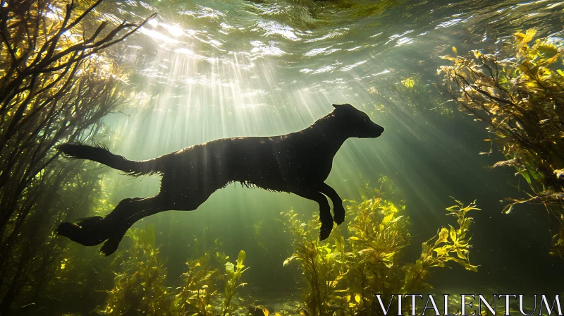 Underwater Dog in Sunlit Seaweed Forest AI Image