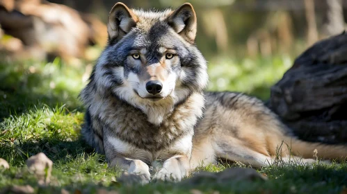 Serene Wolf Resting on Grassy Meadow