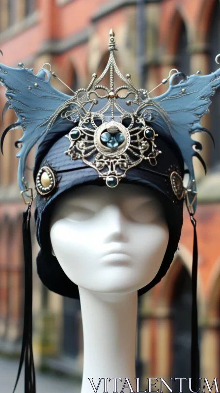 Extravagant Mannequin Headdress with Large Wings | Dark Silver and Dark Aquamarine AI Image