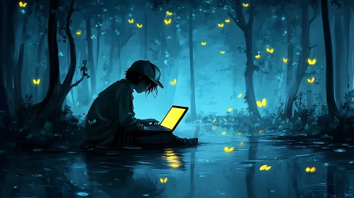 Forest Dreams: Laptop and Glowing Butterflies