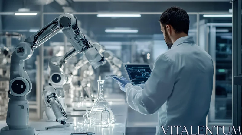 Scientist Operating Robots in Modern Laboratory AI Image