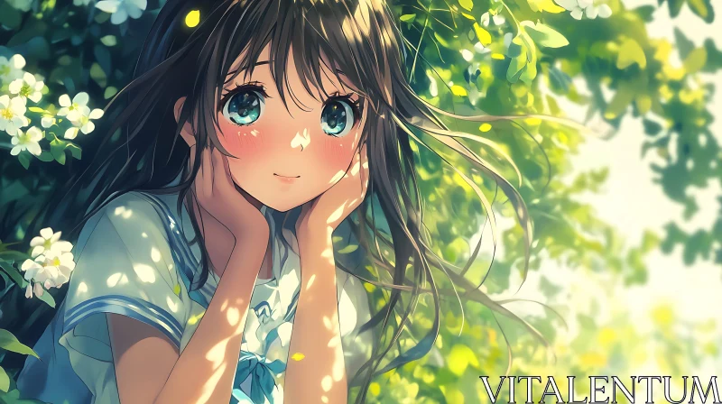 AI ART Anime Girl with Blue Eyes in Lush Greenery